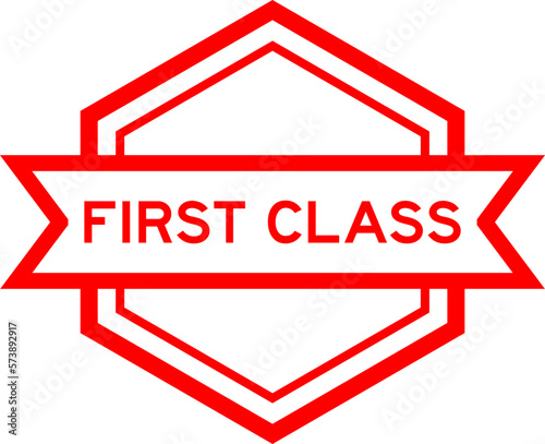 Vintage red color hexagon label banner with word first class on white background
