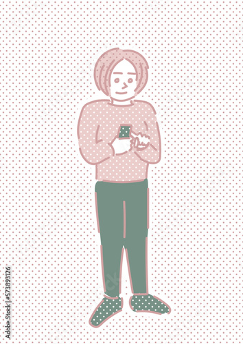 スマートフォンを操作している女性の手描きイラスト