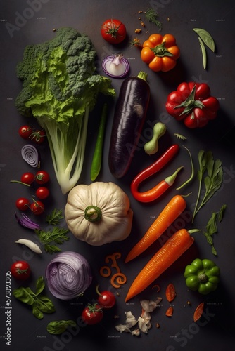 A variety of vegetables are arranged on a table top including broccoli tomatoes onions peppers and onions professional food photography a still life photorealism