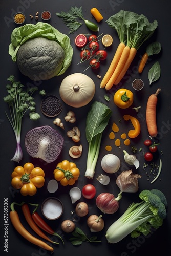 A bunch of different vegetables are arranged in a circle on a black surface with a black background professional food photography a 3d render photorealism
