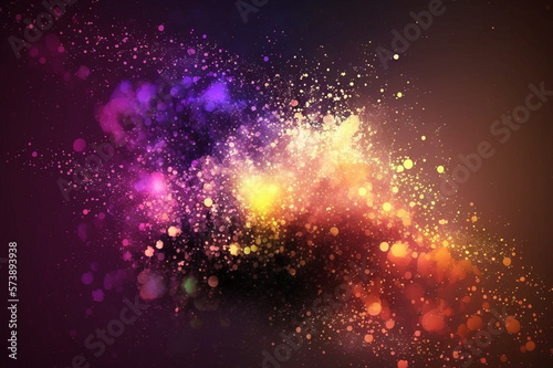 Magical neon background with bokeh and tiny particles. Abstract dark background. Colored powder explosion.