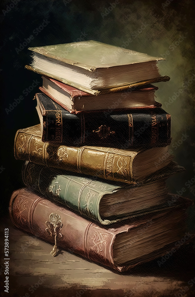 Stack of books, oil painting style, neutral tones, victorian era. Generative AI. Stack of books, oil painting style, neutral tones, victorian era. Generative AI.