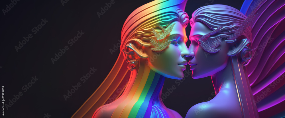 3d generated style same sex couple with colour overlay of gay and lesbian LGBT flag plain background generative ai web banner ratio	
