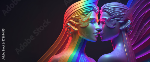 3d generated style same sex couple with colour overlay of gay and lesbian LGBT flag plain background generative ai web banner ratio 