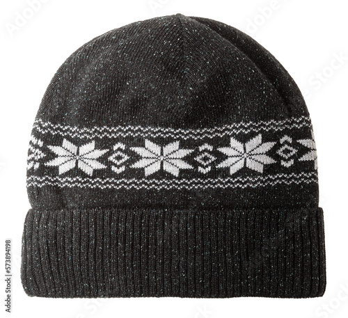 Dark grey knit winter beanie hat decorated with nordic geometric ornament isolated on white background