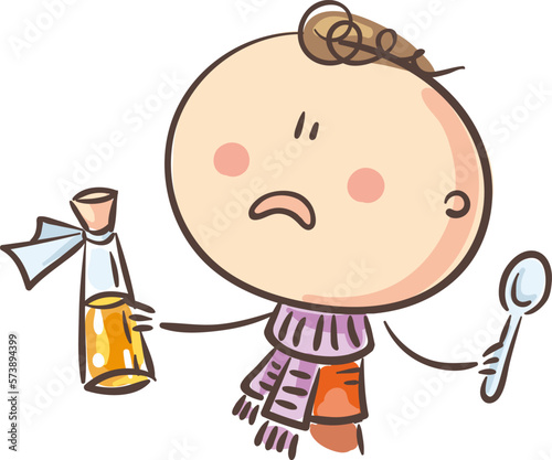 Illustration of a sick boy taking medication. Doodle cartoon kid vector clipart.