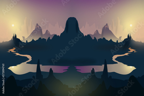 Abstrakte Illustration - sch  ne Berglandschaft mit Sonnenuntergang gespiegelt