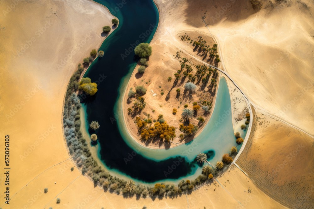 Illustration of an oasis in the desert. Bird's eye view landscape. Top view from drone.