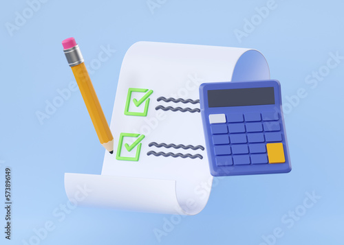 Tax calculator 3d render - flying financial checklist, money management and payment invoice
