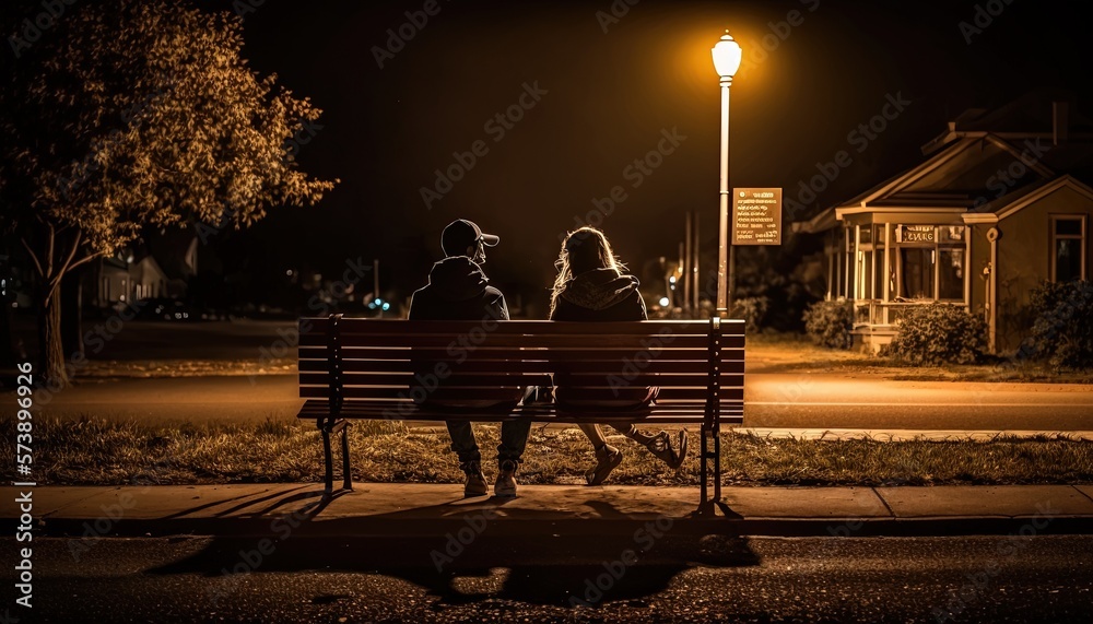  three people sitting on a bench at night in a park area with a street light in the background and a street lamp in the foreground.  generative ai