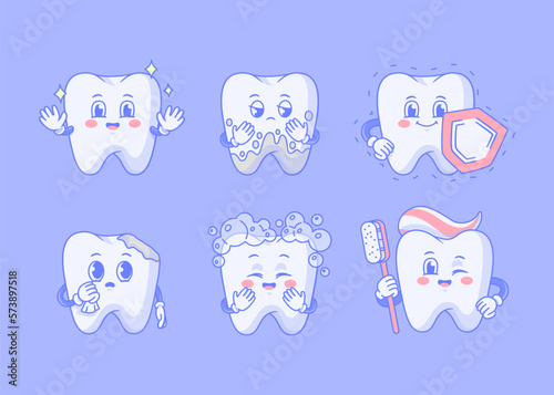 Cute teeth characters. Healthy and sick, funny and sad teeth.