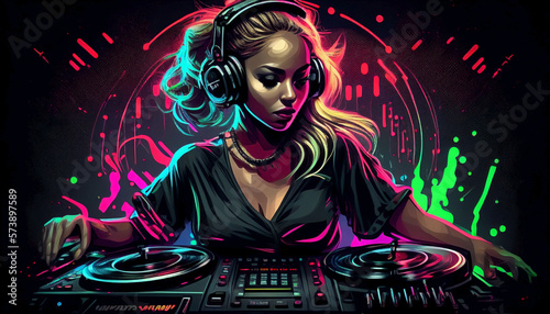 Dj and music. Woman at the club getting move. Ai generated.