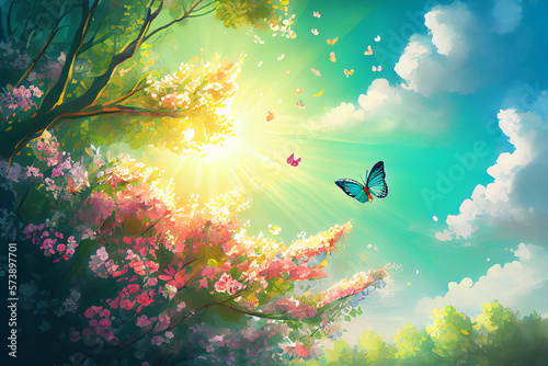 A spring scene featuring colorful flowers, blooming trees, and a clear blue sky, generative ai