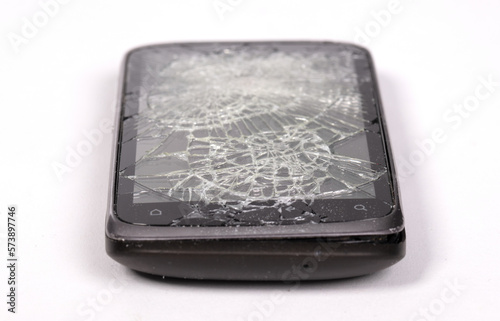 Broken display screen smartphone on white background