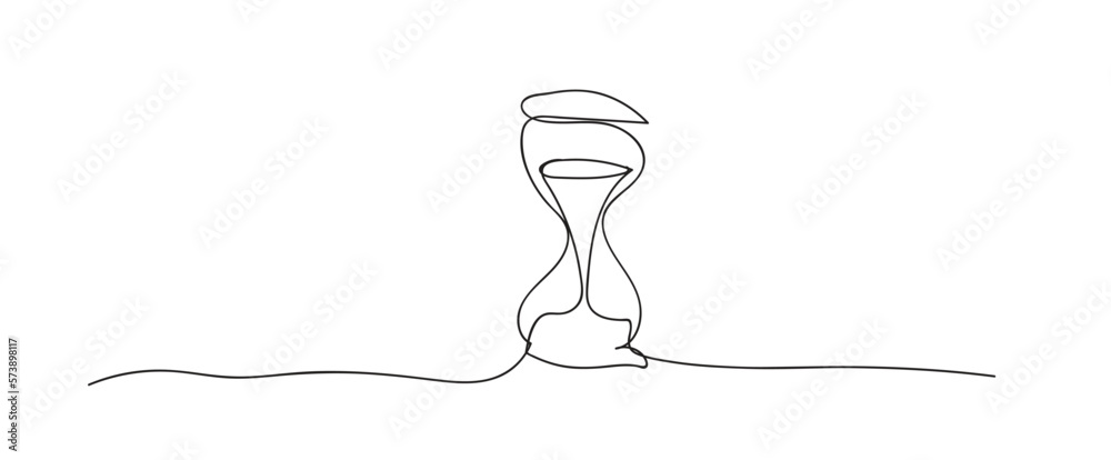 One continuous line drawing of hourglass with flow sand. Retro timer as ...