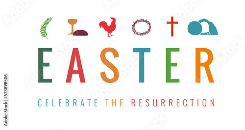 Easter card symbols, celebrate resurrection. Easter Sunday, He is risen - christian concept with palm branch, cup and bread, rooster, crown of thorns, cross and tomb. Vector illustration