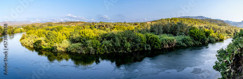 Meander of the Ebro river from a viewpoint in the town of Miravet, one of the most beautiful villages in Tarragona, Spain photo