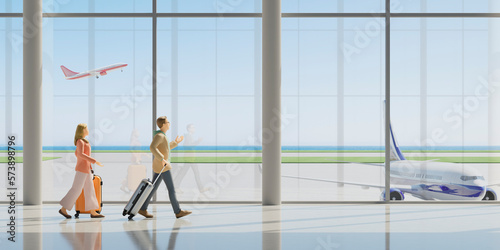 空港でスーツケースを引いて歩く観光客カップル / 海外旅行・インバウンドのコンセプトイメージ / 3Dレンダリング / A couple walking with suitcases at the airport. An image of traveling abroad.