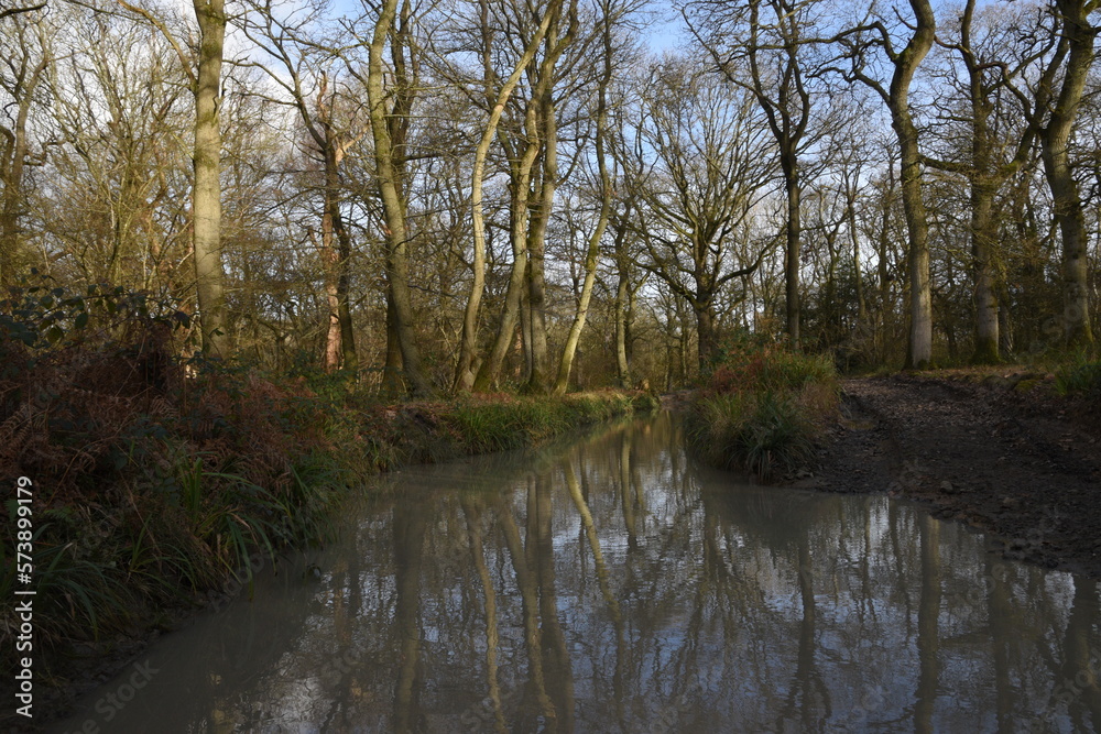 a muddy flooded track through the Malvern hills
