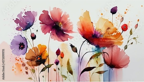 a painting of colorful flowers on a white background with watercolors on the bottom of the painting has a orange, purple, yellow, and pink, and red flower,. generative ai