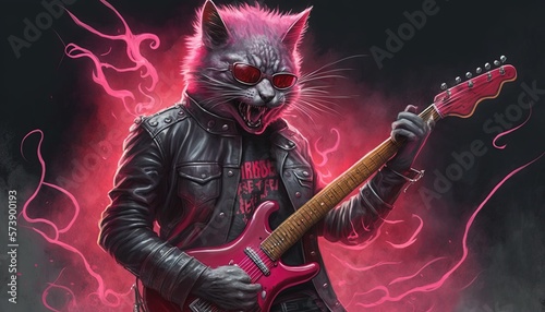  a painting of a cat with a guitar in his hand and a red light behind it that is shining in the dark, with a black leather jacket and pink background.  generative ai © Shanti