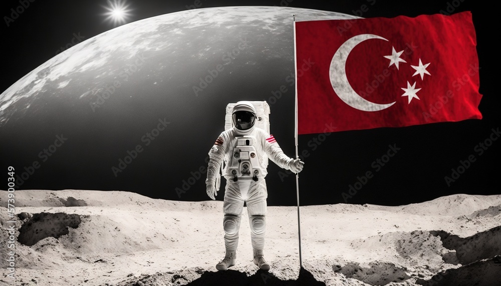 an astronaut standing on the moon with a flag in his hand and a flag in ...