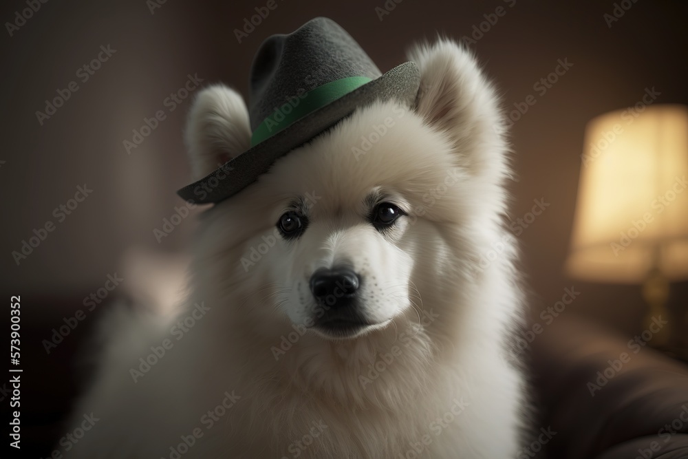 American Eskimo dog Irish hat on st patrick's day with Generative AI American Eskimo dog Irish hat on st patrick's day with Generative AI