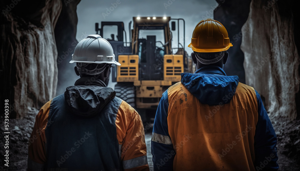  two men wearing hard hats and safety jackets looking at a construction vehicle in a tunnel with a bulldozer in the back of it.  generative ai