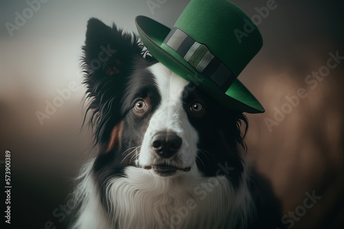 Border collie dog Irish hat on st patrick's day with Generative AI