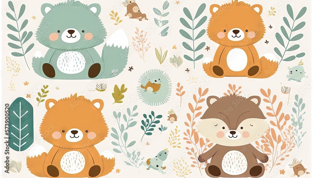  a group of bears and other animals surrounded by plants and leaves on a white background with a blue border around them and a brown bear on the right.  generative ai