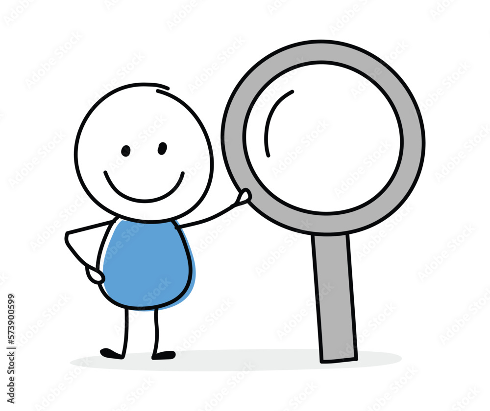 Hand drawn magnify glass symbol. Funny concept with a stickman holding icon. Cartoon style design. Vector illustration Hand drawn magnify glass symbol. Funny concept with a stickman holding icon. Cartoon style design. Vector illustration