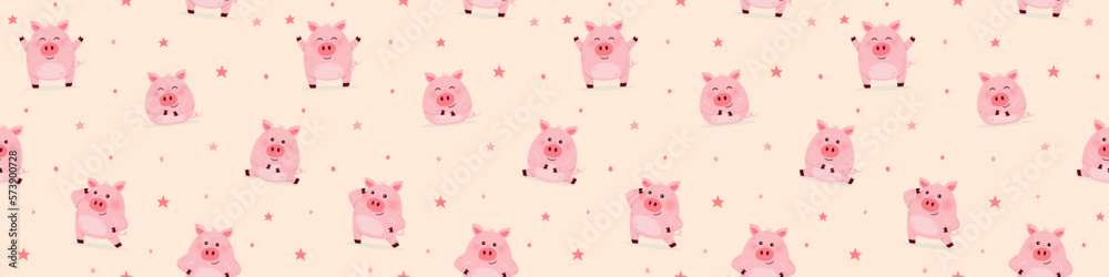 Seamless pattern with funny pigs. Decoration for children. Panoramic header. Vector illustration