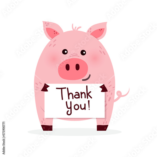 Thank you. Cute cartoon pig on a white background. Design of a funny animal character. Vector illustration