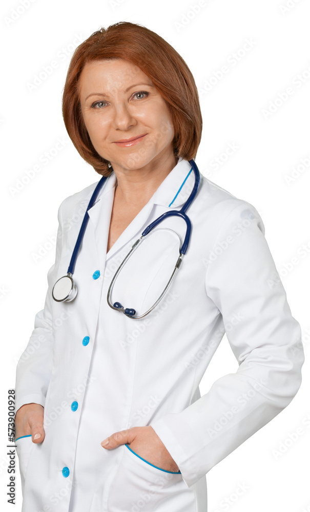 Smiling Doctor with stethoscope in lab robe Smiling Doctor with stethoscope in lab robe