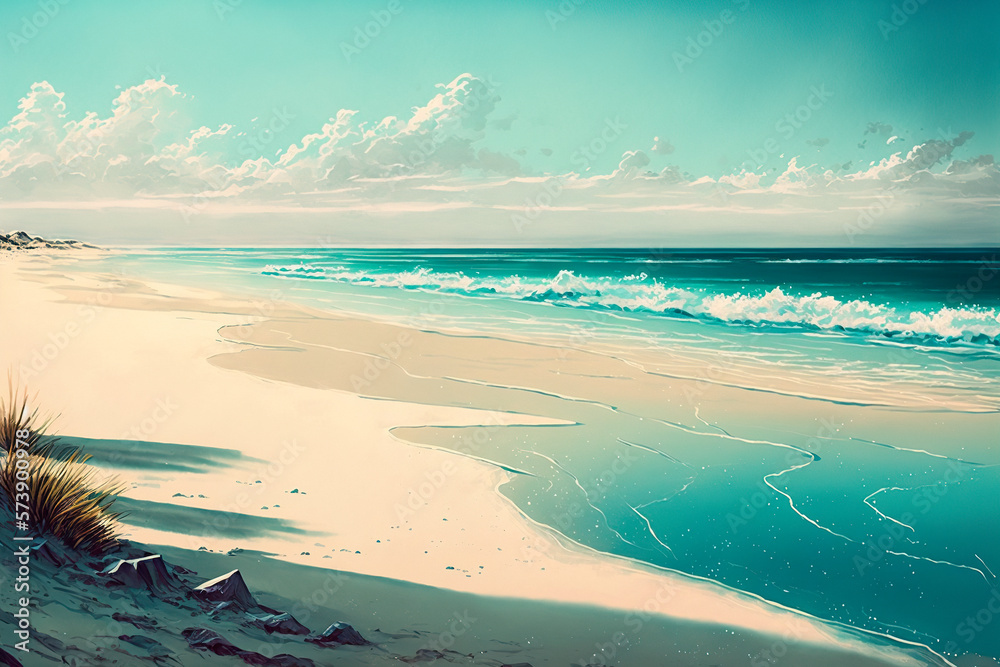 Beach painting. West coast Denmark with sand dunes and large ocean. Generative ai illustration