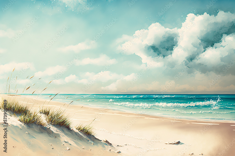 Beach painting. West coast Denmark with sand dunes and large ocean. Generative ai illustration