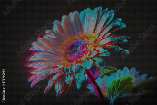 Glitched glowing neon flower. Abstract glitch background. Cyberpunk wallpaper in a style of 80's. Futuristic concept. EPS 10. Creative graphic design for poster,brochure,flyer and card.