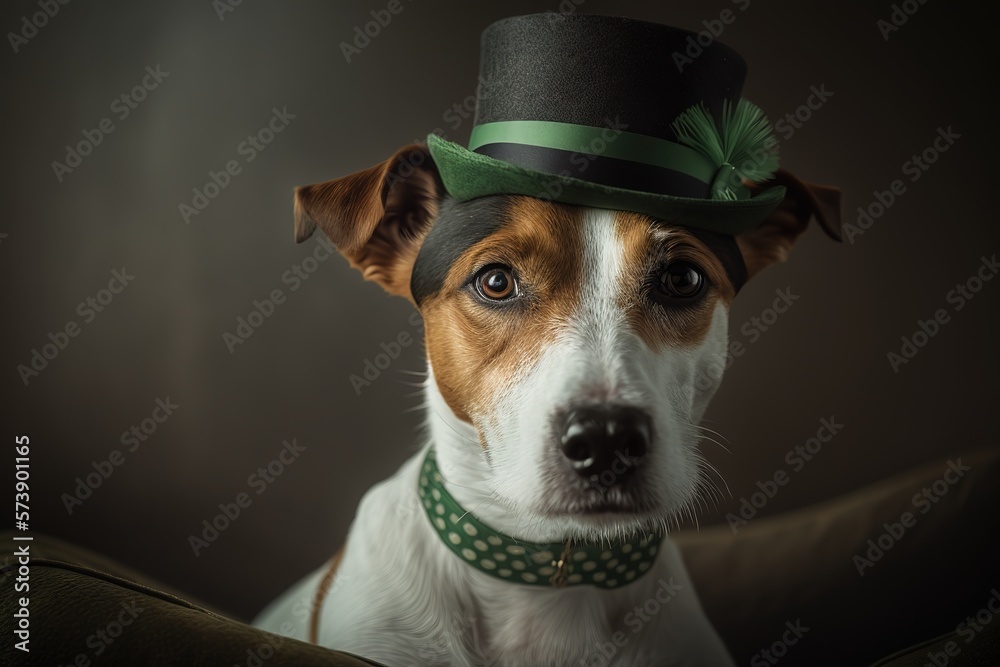 Jack Russell terrier dog Irish hat on st patrick's day with Generative AI Jack Russell terrier dog Irish hat on st patrick's day with Generative AI