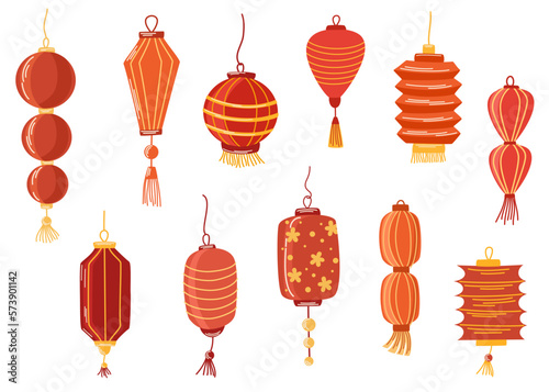Chinese Paper Lantern Collection. Doodle icon. Traditional Chinese lantern day. Poster  April 20. Important day. Hand drawn vector illustration isolated on the white background.