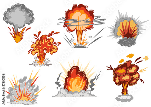 Explosions collection. An explosion from a bomb, an atomic or nuclear explosion. The concept of destruction, war and weapons. Hand drawn vector illustration isolated on the white background.
