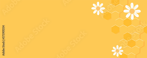 Beehive honey sign with hexagon grid cells and daisy flower on yellow background vector illustration.