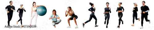 People fitness exercise jogging, Squats, yoga, bicycle, isolated transparent background, png.