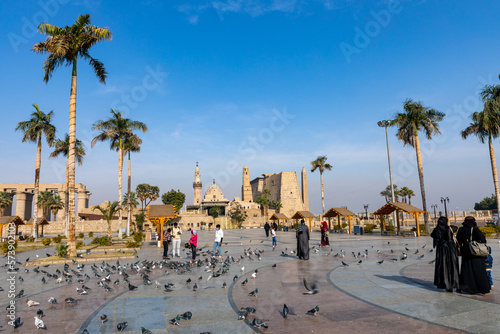 The square in front of the Luxor Temple near the minaret of the Ahmed Negm Mosque. Luxor, Egypt.