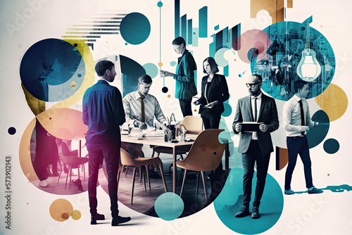 Generative Iluustration AI of a conceptual collage of a group of businessmen and women gathered together solving problems and having a meeting where they brainstorm ideas.Artwork conceptual illustrati