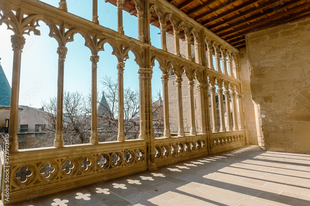 Fototapeta premium Mudejar and French Gothic style castle. ancient architecture. Castle rooms. Stone constructions. Castle of Navarre in Spain