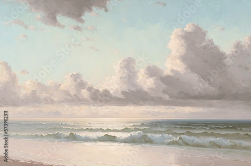 Ocean, coast, oil painting, impressionism, twilight, peaceful, clear cloudless sky, calm water, white sand, neutral coastal tones. Generative AI.