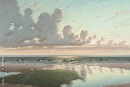 Ocean, coast, oil painting, impressionism, twilight, peaceful, clear cloudless sky, calm water, white sand, neutral coastal tones. Generative AI.