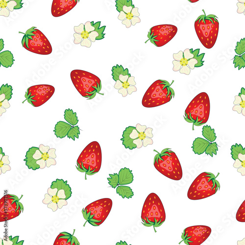 Fototapeta Naklejka Na Ścianę i Meble -  Seamless pattern with strawberries, berries and flowers. Sweet food repeat fabric background. organic fruits