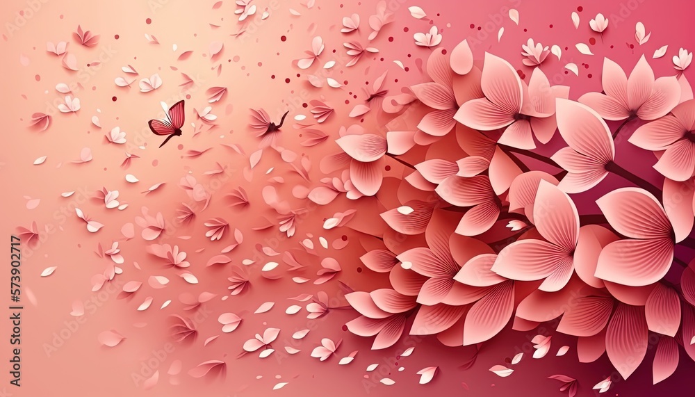  a bunch of pink flowers on a pink and pink background with a butterfly flying over them and a pink and pink background with white flowers.  generative ai