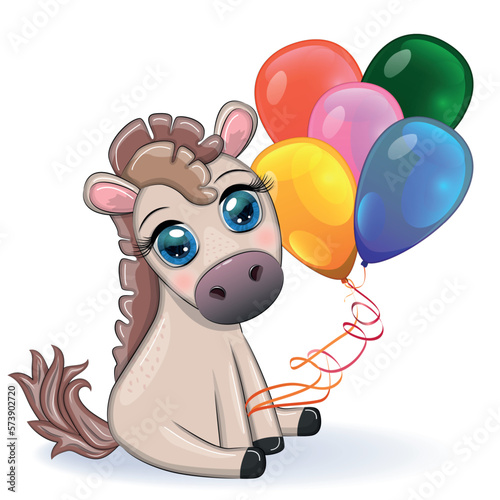 Cute cartoon horse, pony for card with flowers, balloons, heart